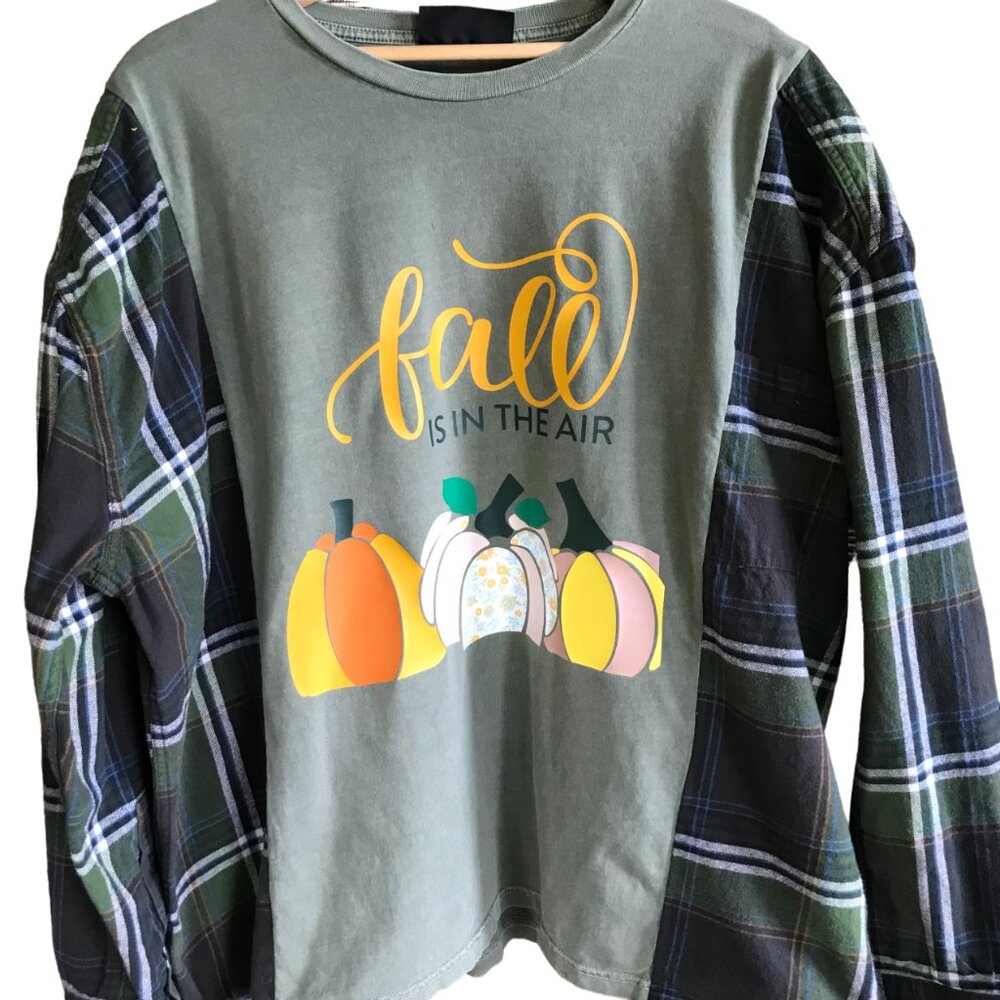Upcycled Autumn Flannel Shirt Reworked Oversized Pumpkins Graphic Plus Size - Picture 5 of 13